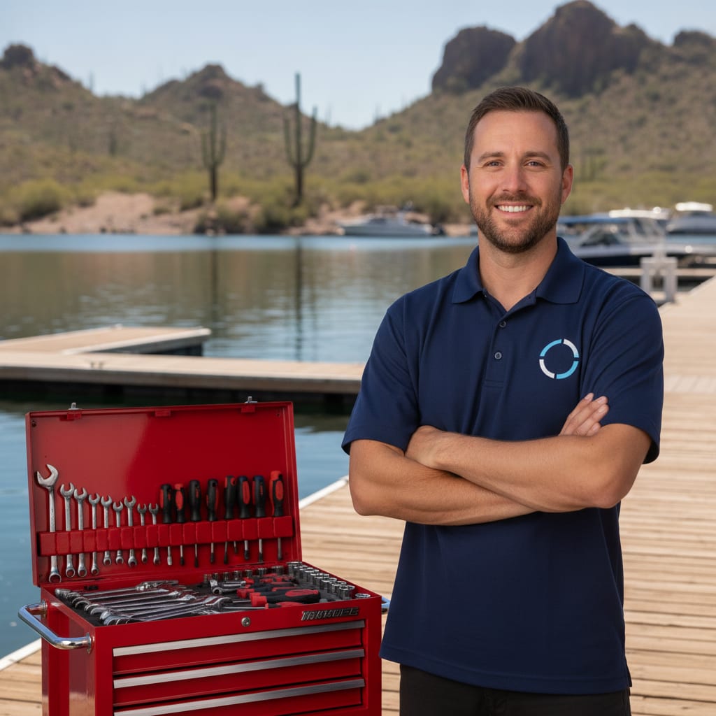 Mobile marine mechanic with toolkit at a Phoenix-area desert lake