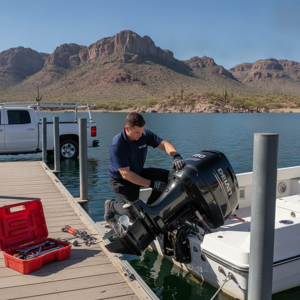 Mobile marine mechanic servicing a boat engine at a desert lake dock near Phoenix, Arizona